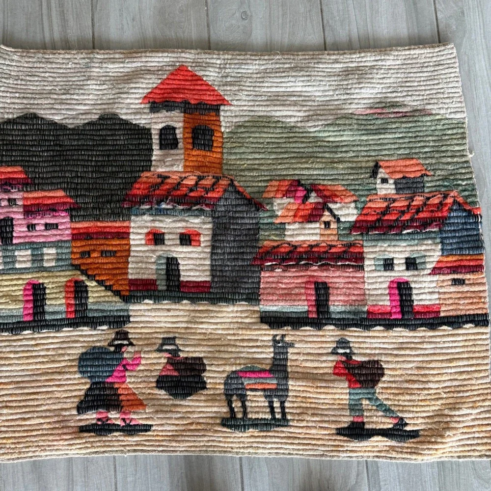 VTG Peruvian Woven 1970s Tapestry Multi Village Llama Wall Art 37
